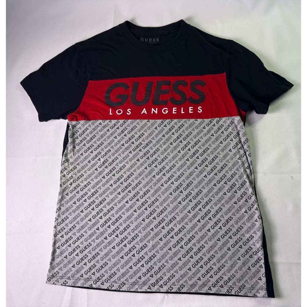 Guess Los Angeles Colorblock Monogram T-Shirt Red Black Grey Logo Men's Small